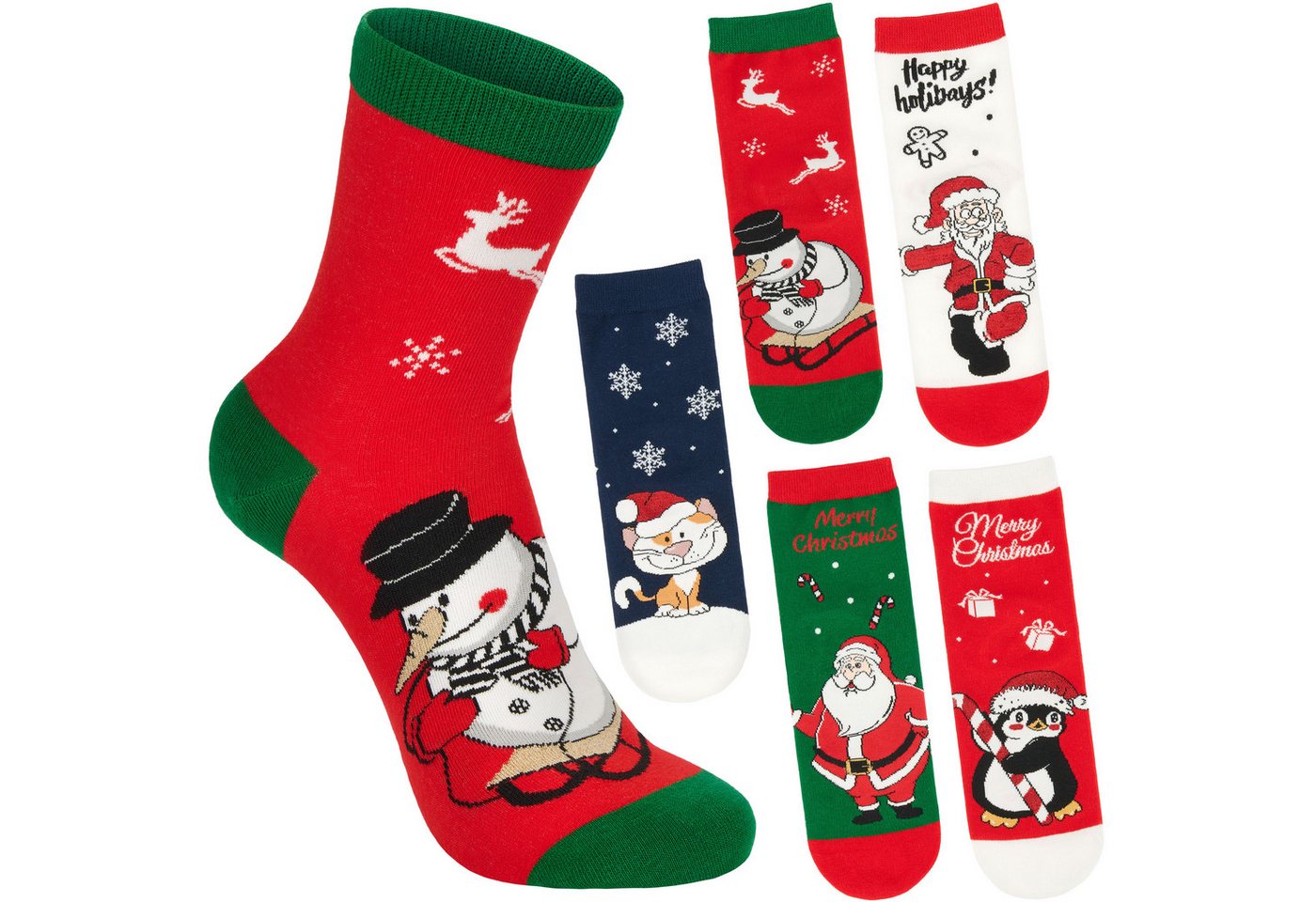 BRUBAKER Socken Damen Weihnachtssocken - Weihnachtsmann, Katze, Pinguin & Schneemann (Bunte Baumwollsocken für Frauen - Geschenkset, 5-Paar, Kuschelsocken mit humorvollen Sockenmotiven) Lustige Damensocken für Weihnachten & Nikolaus von BRUBAKER