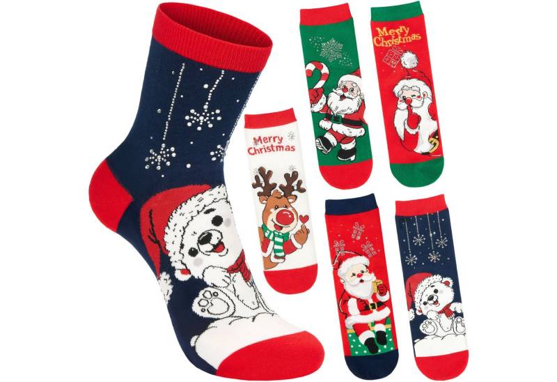 BRUBAKER Socken Damen Weihnachtssocken - Weihnachtsmann, Rentier & Eisbär (Bunte Baumwollsocken für Frauen - Geschenkset, 5-Paar, Kuschelsocken mit humorvollen Sockenmotiven) Lustige Damensocken für Weihnachten & Nikolaus von BRUBAKER