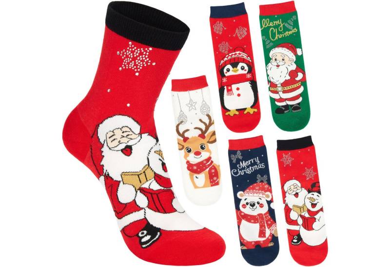 BRUBAKER Socken Damen Weihnachtssocken - Weihnachtsmann, Schneemann, Pinguin & Bär (Geschenkset für Frauen, 5-Paar, Lustige Socken für Nikolaus & Weihnachten) Buntes Winter Sockenset mit Baumwolle von BRUBAKER