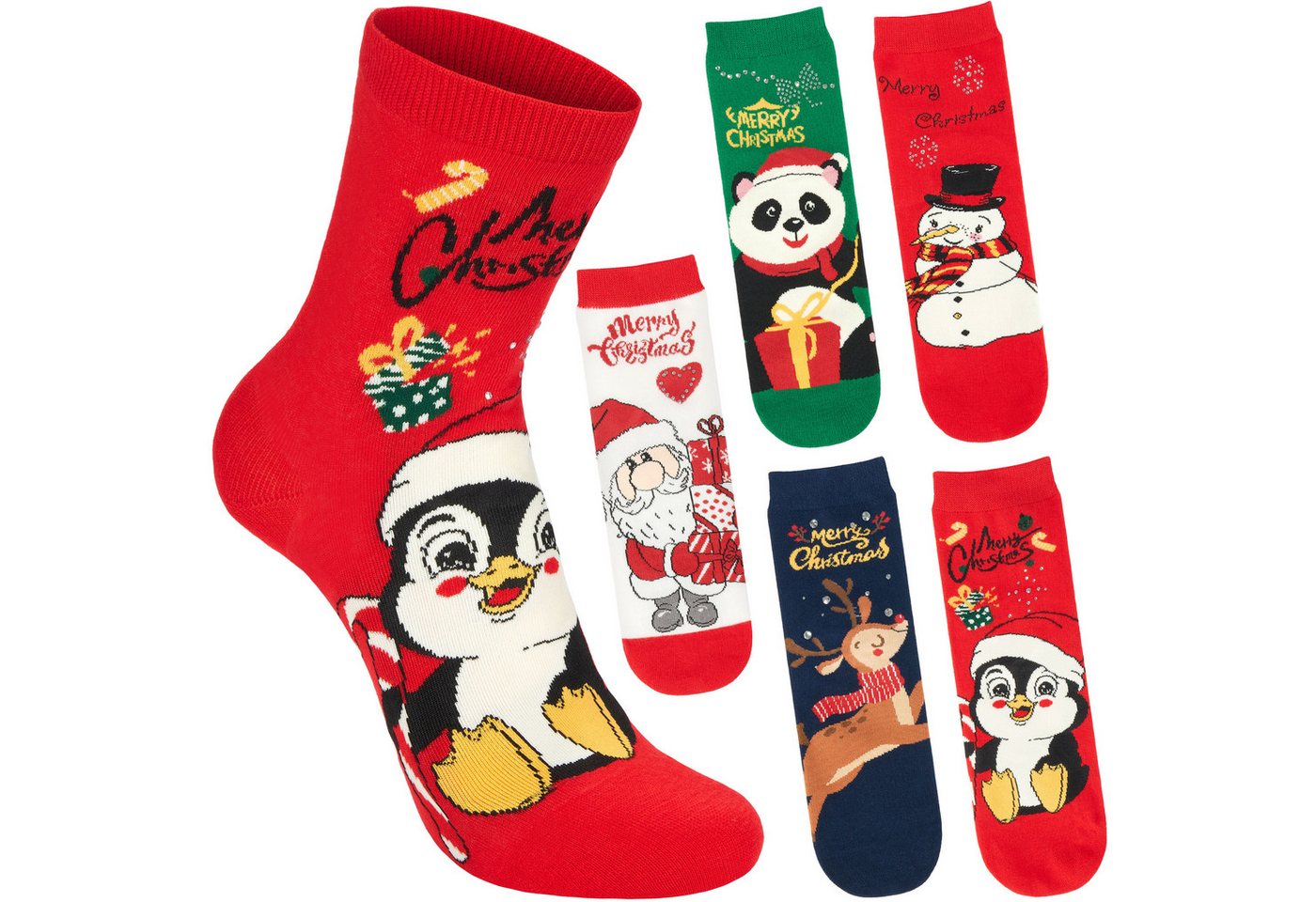 BRUBAKER Socken Damen Weihnachtssocken - Weihnachtsmann, Schneemann, Pinguin & Panda (Bunte Baumwollsocken für Frauen - Geschenkset, 5-Paar, Kuschelsocken mit humorvollen Sockenmotiven) Lustige Damensocken für Weihnachten & Nikolaus von BRUBAKER