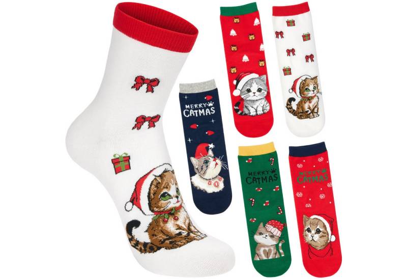 BRUBAKER Socken Damen und Herren Weihnachtssocken - Merry Catmas Unisexsocken (Bunte Baumwollsocken für Frauen und Männer - Geschenkset, 5-Paar, Damensocken mit humorvollen Katzenmotiven) Lustige Herrensocken für Weihnachten & Nikolaus von BRUBAKER