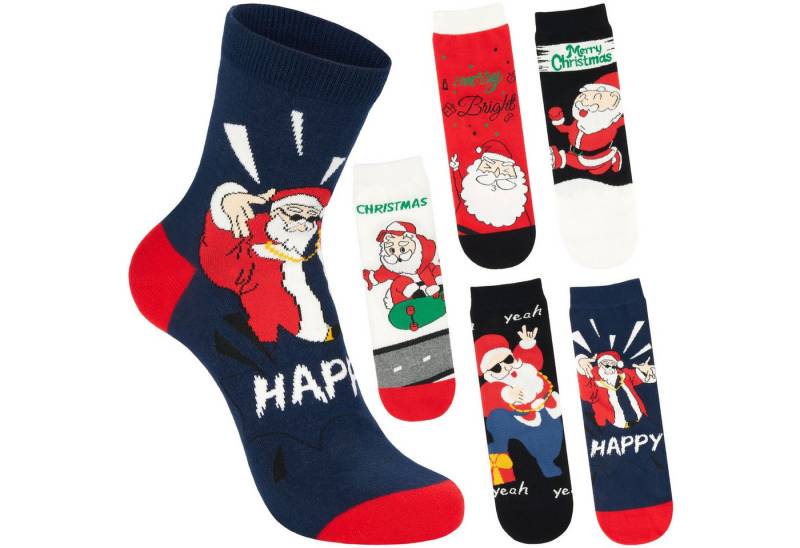 BRUBAKER Socken Herren Weihnachtssocken - Happy Santa (Bunte Baumwollsocken für Männer - Geschenkset, 5-Paar, Cartoon Weihnachtsmann mit Skateboard und Sonnenbrille) Lustige Herrensocken für Weihnachten & Nikolaus von BRUBAKER