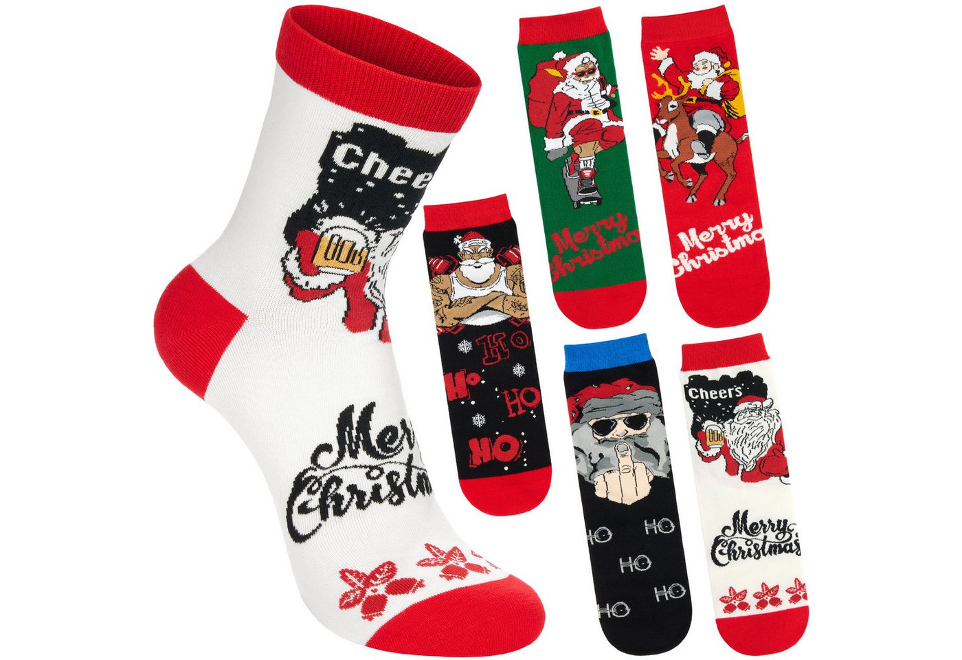 BRUBAKER Socken Herren Weihnachtssocken - Lustiger Weihnachtsmann (Bunte Baumwollsocken für Männer - Geschenkset, 5-Paar, mit spaßigen Santa Sockenmotiven) Humorvolle Herrensocken für Weihnachten & Nikolaus von BRUBAKER