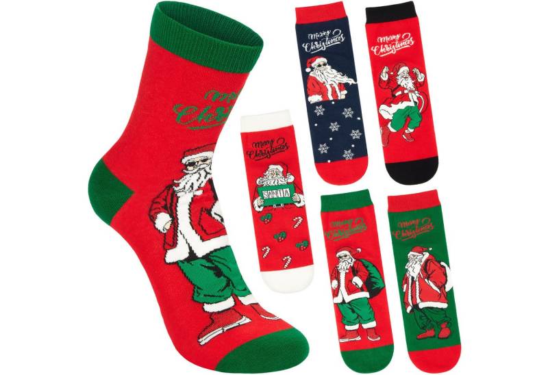 BRUBAKER Socken Herren Weihnachtssocken - Lustiger Weihnachtsmann (Bunte Baumwollsocken für Männer - Geschenkset, 5-Paar, mit spaßigen Santa Sockenmotiven) Humorvolle Herrensocken für Weihnachten & Nikolaus von BRUBAKER