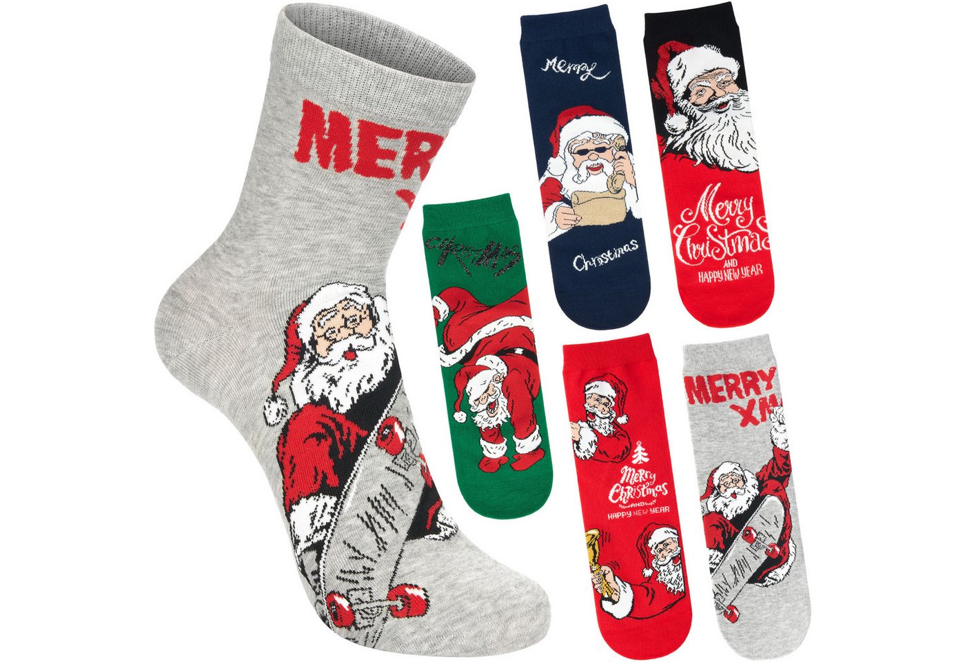 BRUBAKER Socken Herren Weihnachtssocken - Weihnachtsmann Skateboarder & Breakdancer (Geschenkset mit spaßigen Santa Sockenmotiven, 5-Paar, Bunte Baumwollsocken für Männer) Humorvolle Herrensocken für Weihnachten & Nikolaus von BRUBAKER
