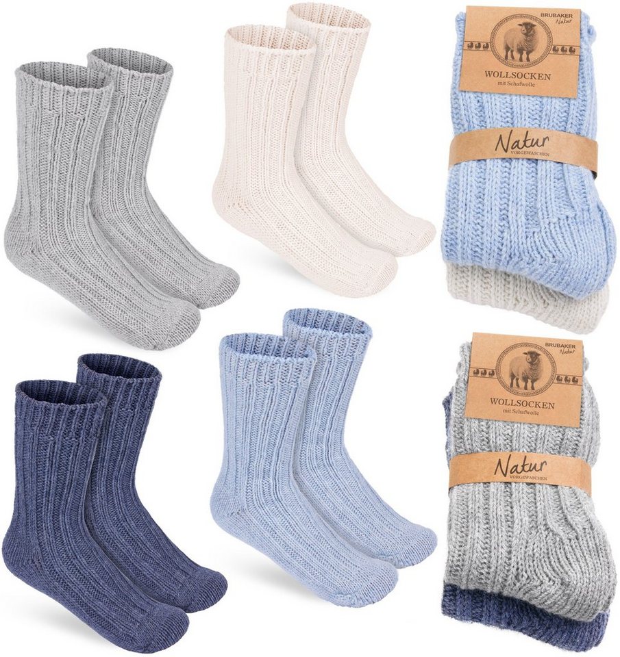 BRUBAKER Socken Kinder Wollsocken - Warme Wintersocken für Jungen und Mädchen (4-Paar, 4er-Pack) Flauschiges Socken Set mit Schafwolle - Winter Kindersocken von BRUBAKER