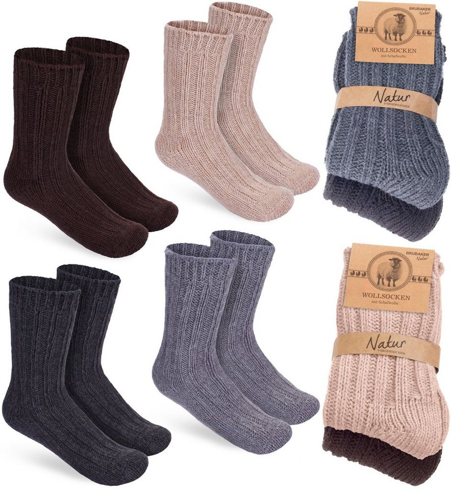 BRUBAKER Socken Kinder Wollsocken - Warme Wintersocken für Jungen und Mädchen (4-Paar, 4er-Pack) Flauschiges Socken Set mit Schafwolle - Winter Kindersocken von BRUBAKER