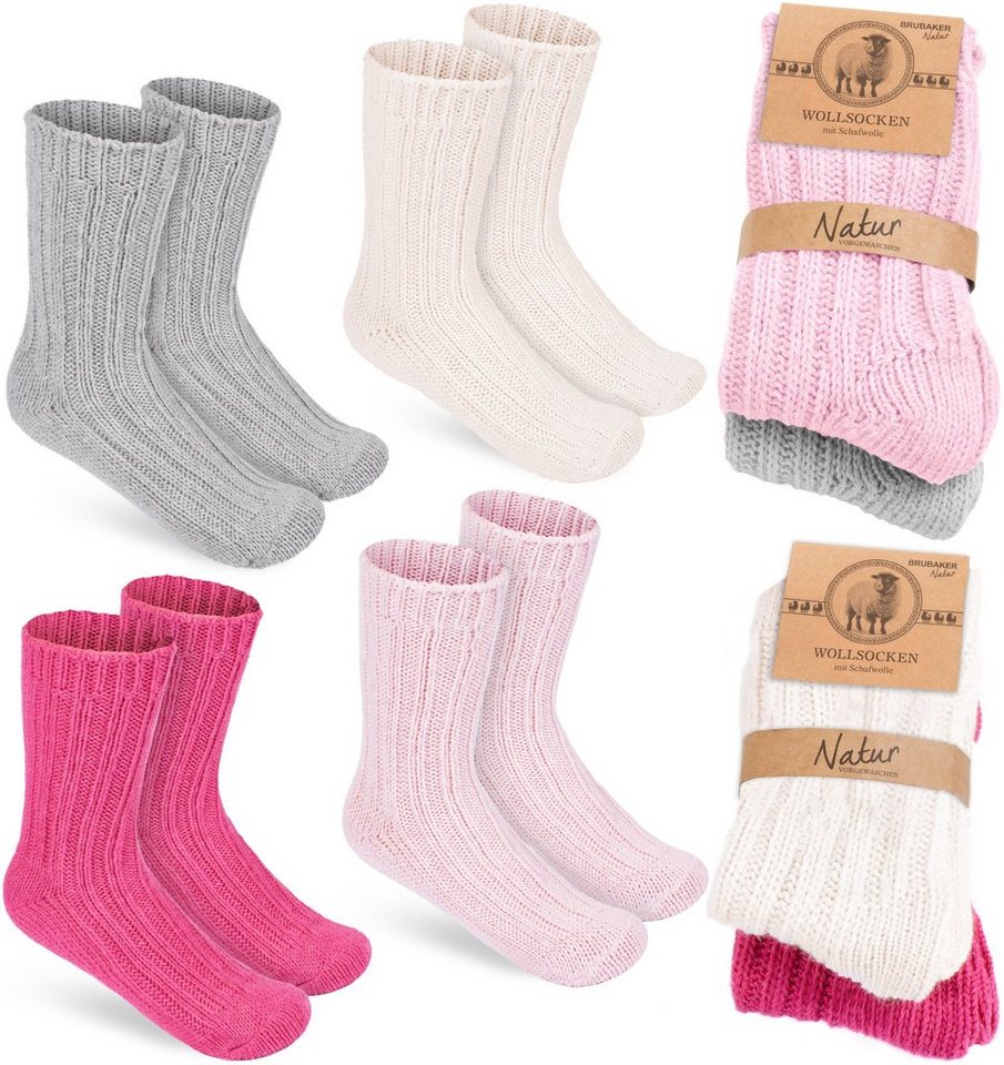 BRUBAKER Socken Kinder Wollsocken - Warme Wintersocken für Jungen und Mädchen (4-Paar, 4er-Pack) Flauschiges Socken Set mit Schafwolle - Winter Kindersocken von BRUBAKER