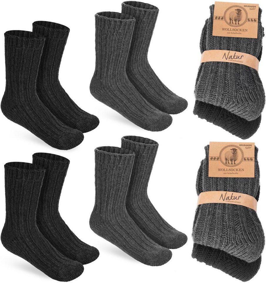 BRUBAKER Socken Kinder Wollsocken - Warme Wintersocken für Jungen und Mädchen (4-Paar, 4er-Pack) Flauschiges Socken Set mit Schafwolle - Winter Kindersocken von BRUBAKER