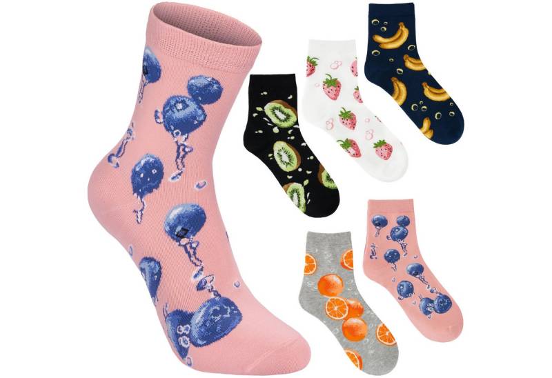BRUBAKER Socken Lustige Damen Früchtesocken - Bunter Obst Mix (Geschenkset für Frauen, 5-Paar, Witzige Kuschelsocken mit Fruchtmotiven) Damensocken Set mit Blaubeeren, Kiwis, Bananen, Erdbeeren &amp; Orangen von BRUBAKER