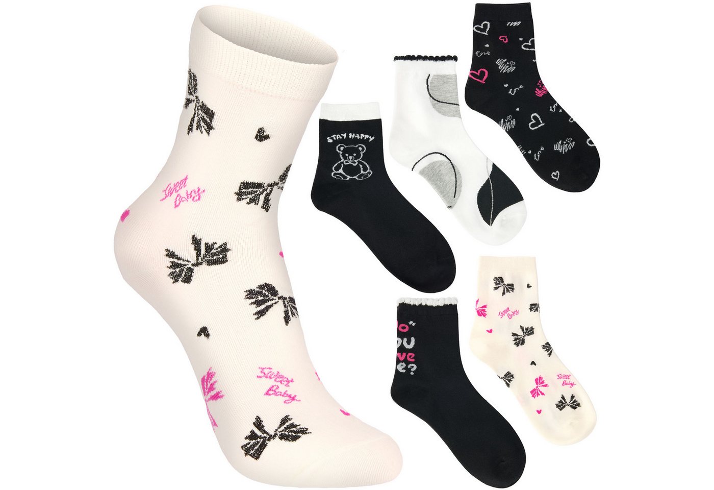 BRUBAKER Socken Lustige Damensocken - Do You Love Me? & Stay Happy (Socken Geschenkset für Frauen, 5-Paar, Kuschelsocken mit Teddys, Herzen, Schleifen) Weiche und Flauschige Sneakersocken von BRUBAKER