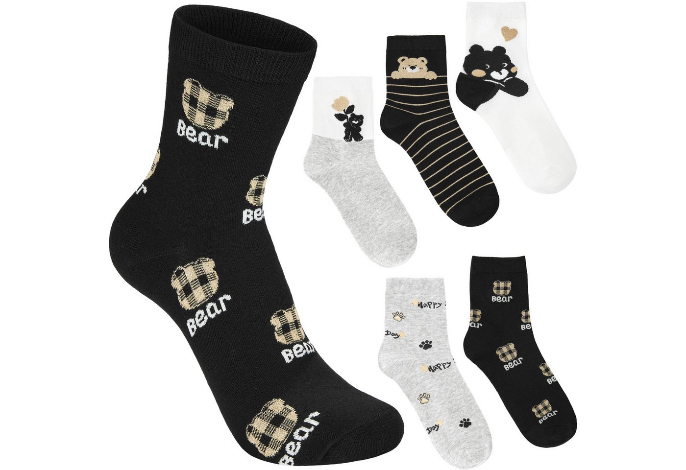 BRUBAKER Socken Lustige Damensocken - Happy Bear (Socken Geschenkset für Frauen, 5-Paar, Kuschelsocken mit süßen Bären) Weiche Sneakersocken für Damen in Schwarz, Grau, Weiß und Glitzer von BRUBAKER