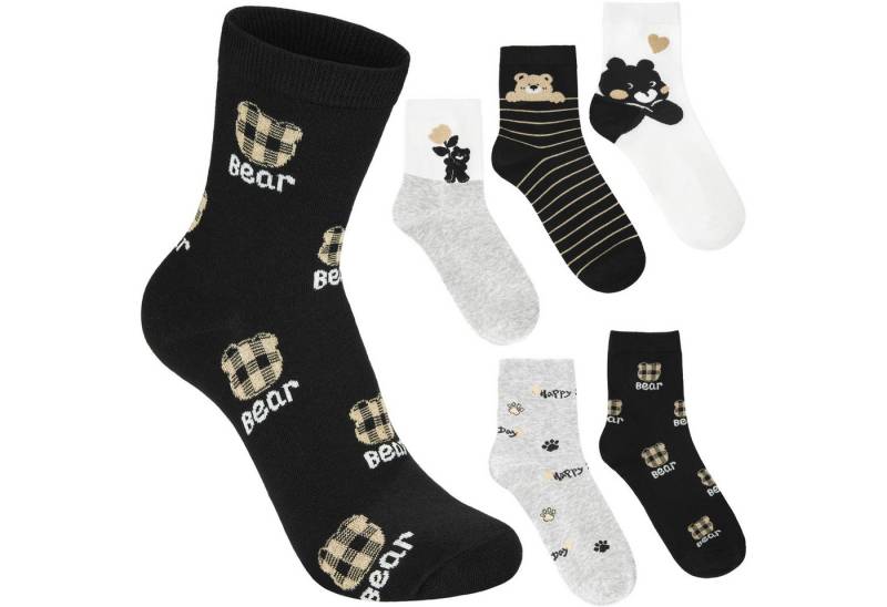 BRUBAKER Socken Lustige Damensocken - Happy Bear (Socken Geschenkset für Frauen, 5-Paar, Kuschelsocken mit süßen Bären) Weiche Sneakersocken für Damen in Schwarz, Grau, Weiß und Glitzer von BRUBAKER