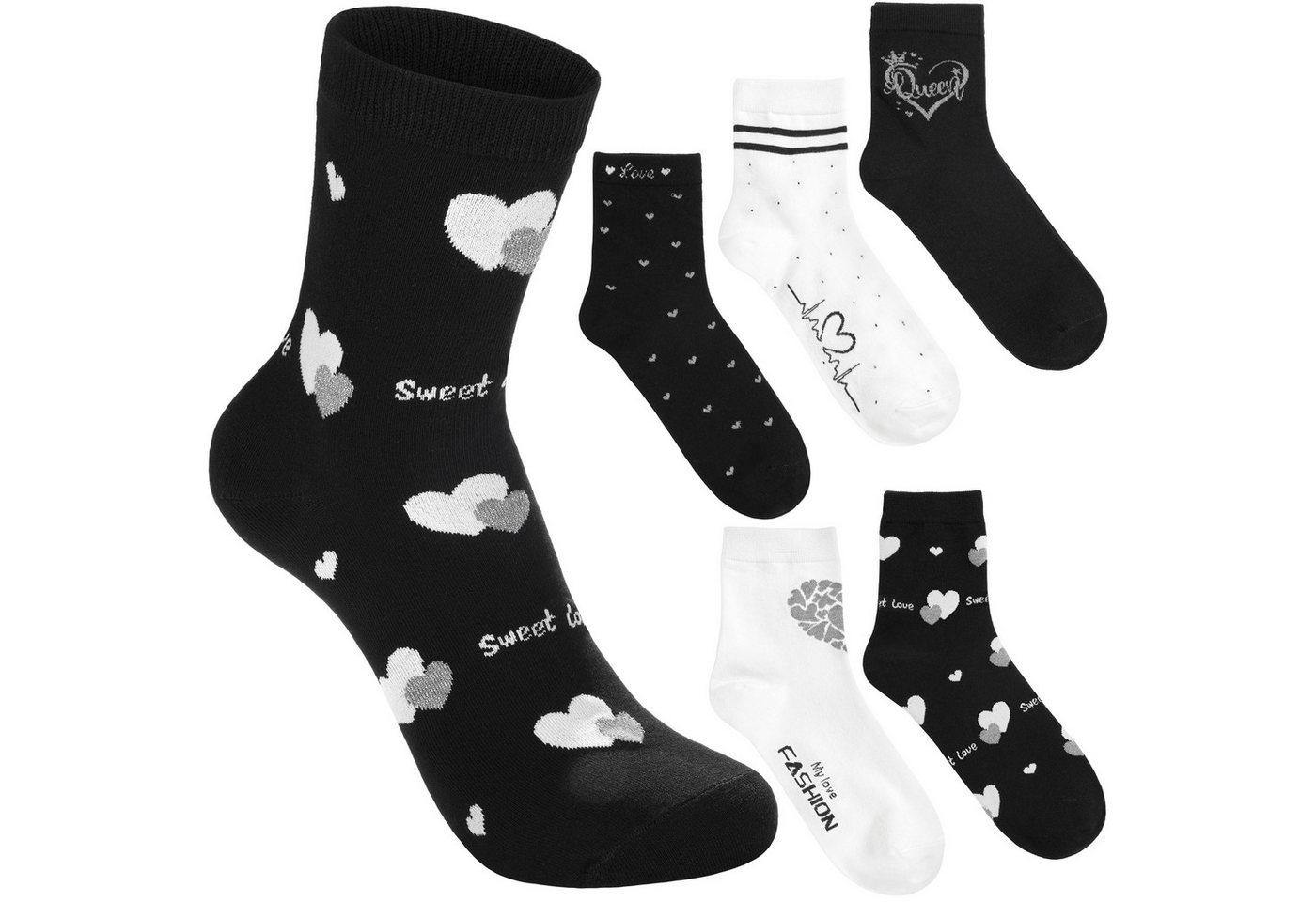 BRUBAKER Socken Lustige Damensocken - Sweet Love & Queen (Weich & Kuschelig, 5-Paar, Warme Haussocken mit Motiv) Kuschelsocken mit Herzen - Sockenset für Frauen von BRUBAKER