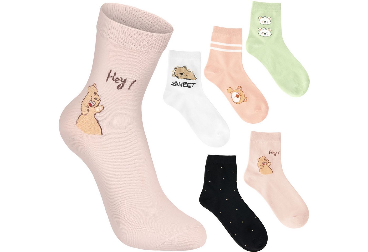 BRUBAKER Socken Lustige Damensocken - Sweet Teddy (Socken Geschenkset für Frauen, 5-Paar, Kuschelsocken mit süßen Bären) Weiche Sneakersocken für Damen in Mint, Rosa, Schwarz, Grau und Weiß von BRUBAKER