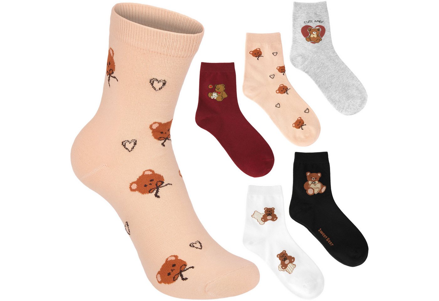 BRUBAKER Socken Lustige Damensocken - Teddybär (Socken Geschenkset für Frauen, 5-Paar, Kuschelsocken mit süßen Teddy Motiven) Weiche Sneakersocken für Damen in Rot, Beige, Schwarz, Grau und Weiß von BRUBAKER