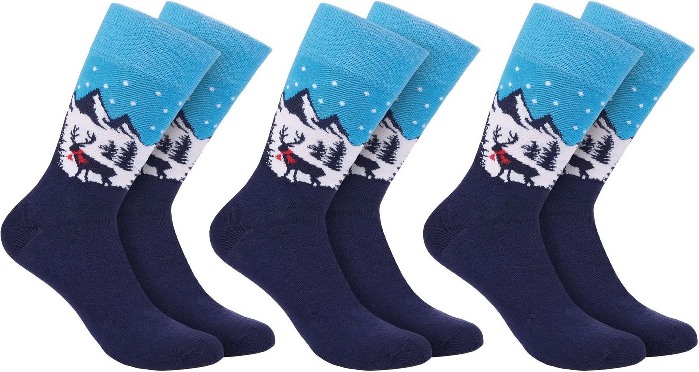 BRUBAKER Socken Lustige Herren Weihnachtssocken - Winterlandschaft Rentier (One Size EU 41-45, 3-Paar) Bunte Kuschelsocken für die Weihnachtszeit Baumwolle von BRUBAKER