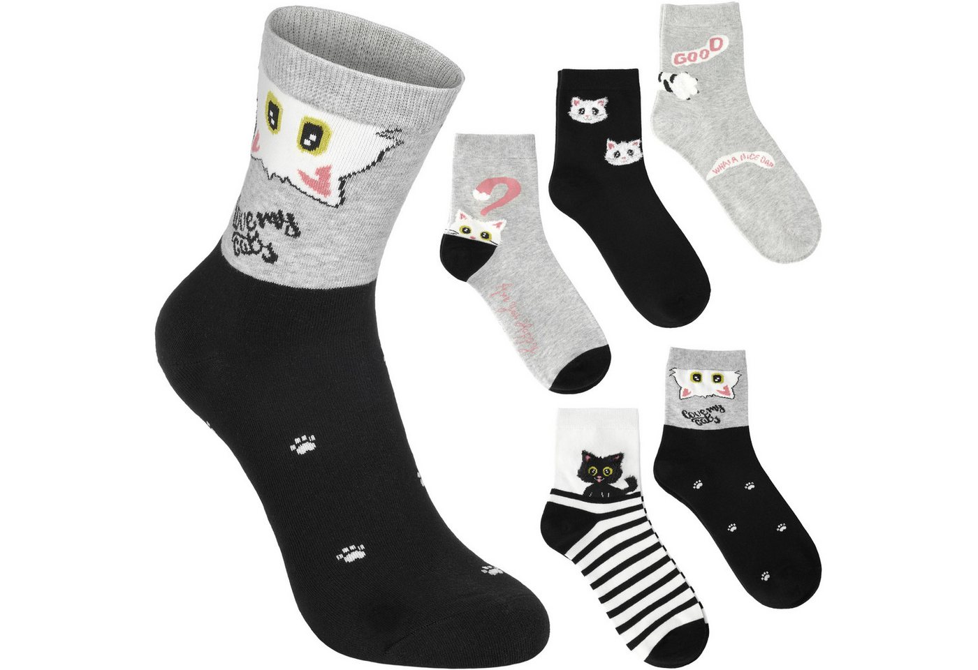 BRUBAKER Socken Lustige Damen Katzensocken - Love My Cats (Rosa, Schwarz, Grau und Weiß, 5-Paar, Feel Good Damensocken mit Katzenmotiven) Katzen Socken Set für Frauen von BRUBAKER