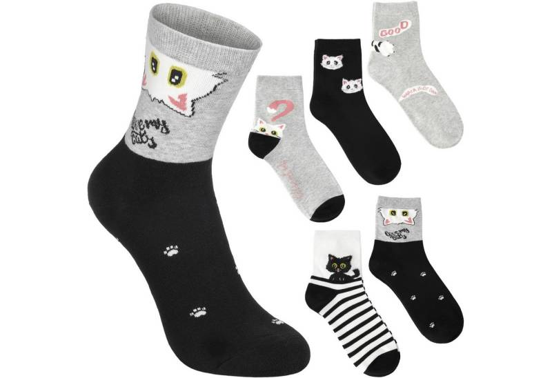 BRUBAKER Socken Lustige Damen Katzensocken - Love My Cats (Rosa, Schwarz, Grau und Weiß, 5-Paar, Feel Good Damensocken mit Katzenmotiven) Katzen Socken Set für Frauen von BRUBAKER