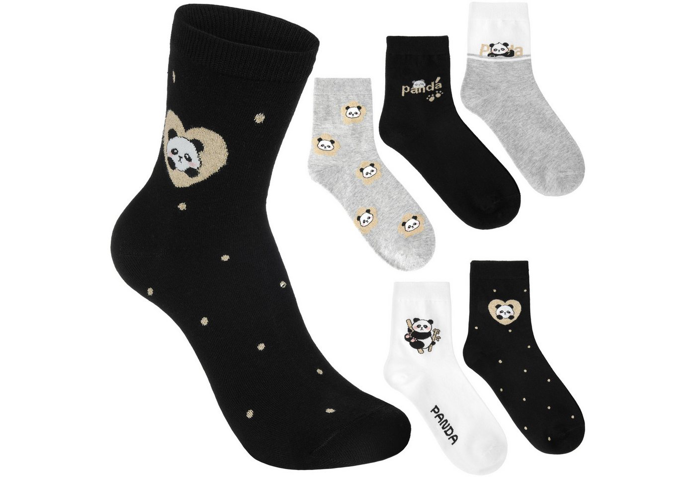 BRUBAKER Socken Lustiges Damensocken Set mit süßen Bären - Cute Panda (Schwarz, Grau, Weiß und Glitzer, 5-Paar, Bärensocken Geschenkset für Frauen) Weich und Kuschelig von BRUBAKER