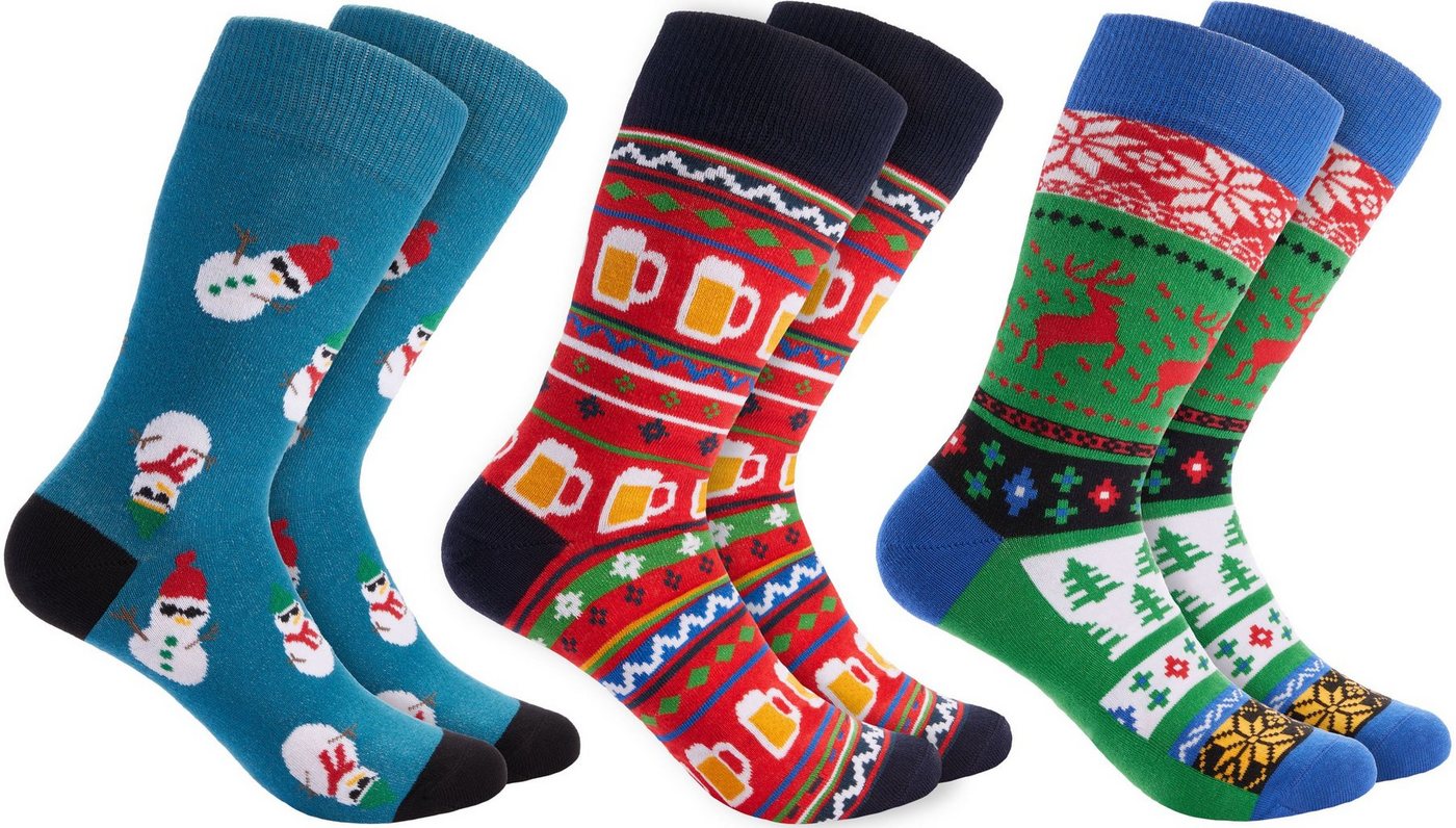 BRUBAKER Socken Weihnachtssocken - Lustige Socken für Damen und Herren (3-Paar, Unisex Baumwollsocken) Bunt, Schneemänner und Xmas Bier von BRUBAKER