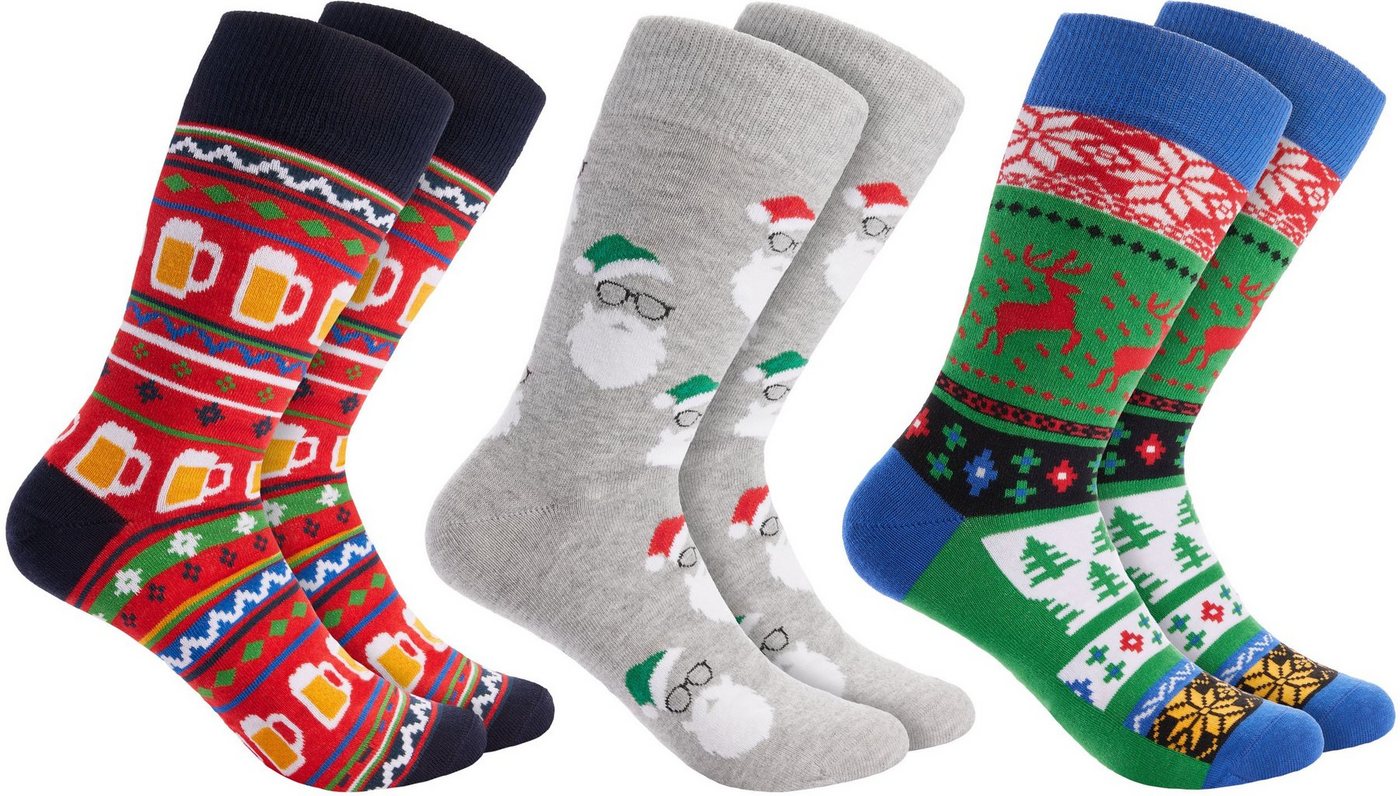 BRUBAKER Socken Weihnachtssocken - Lustige Socken für Damen und Herren (3-Paar, Unisex Baumwollsocken) Bunt, Weihnachtsmannbärte und Xmas Bier von BRUBAKER