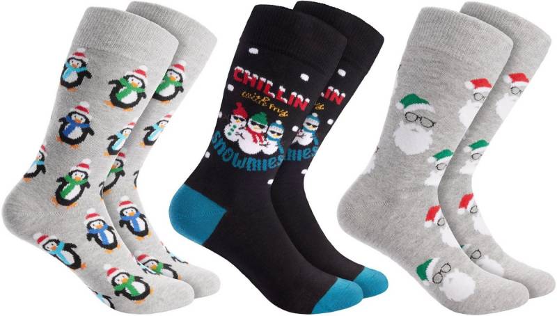 BRUBAKER Socken Weihnachtssocken - Lustige Socken für Damen und Herren (3-Paar, Unisex Baumwollsocken) Chillin with my Snowmies, Pinguine und Bärte von BRUBAKER