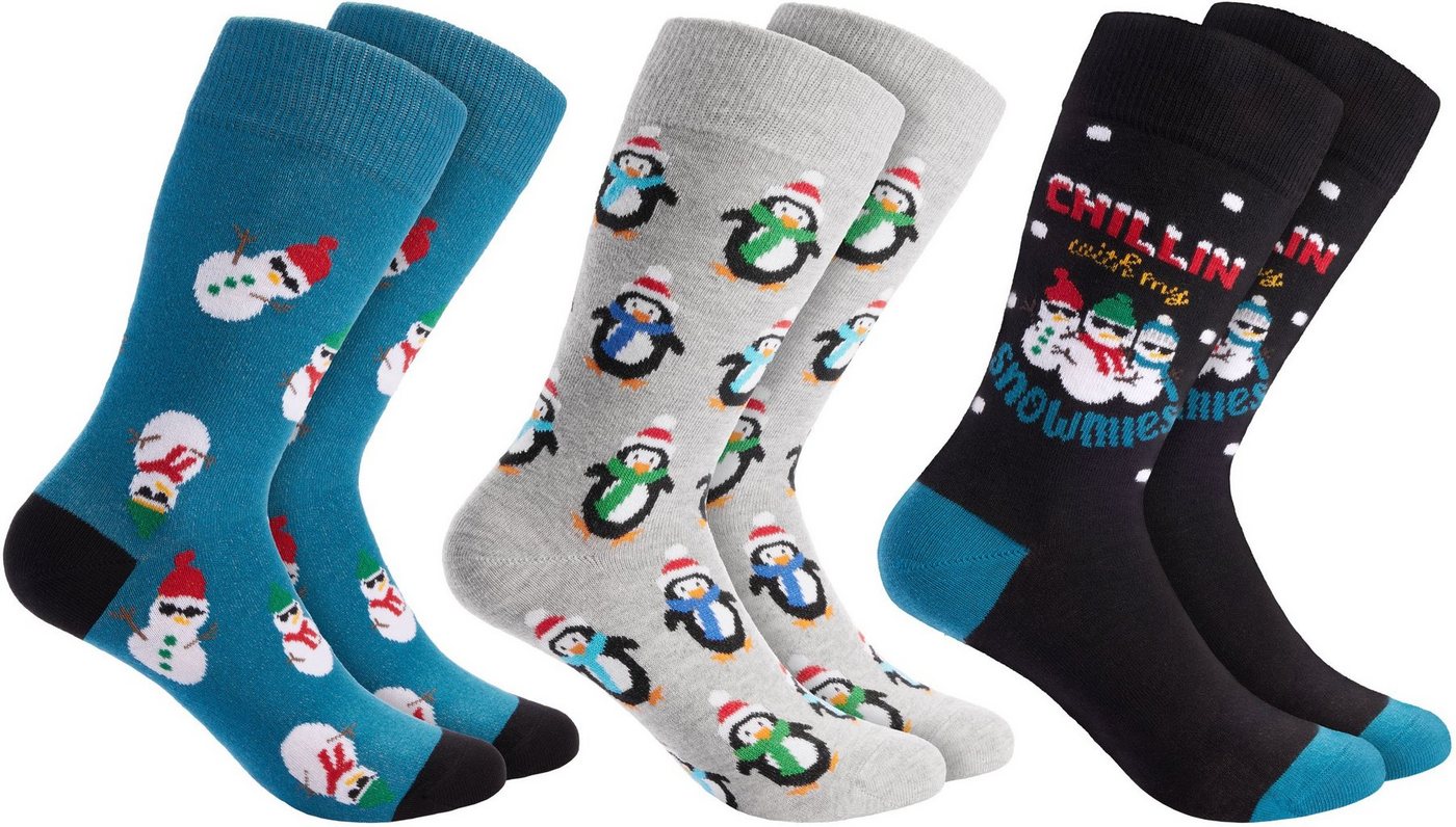 BRUBAKER Socken Weihnachtssocken - Lustige Socken für Damen und Herren (3-Paar, Unisex Baumwollsocken) Pinguine, Schneemänner und Chillin with my Snowmies von BRUBAKER