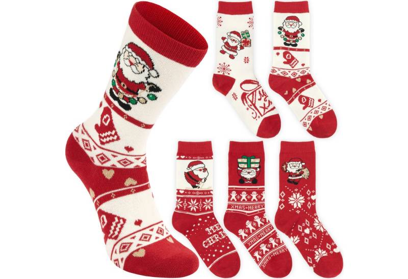 BRUBAKER Socken Weihnachtssocken Set - 5 Paar Wintersocken aus Baumwolle - Weihnachten (Geschenk für Frauen, 5-Paar, Rot & Weiß - Größe 36-41) Damen Sockenset mit Norwegersocken Muster von BRUBAKER
