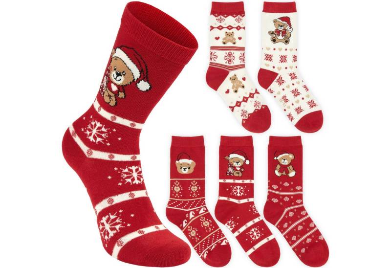 BRUBAKER Socken Weihnachtssocken Set - 5 Paar Wintersocken aus Baumwolle - Weihnachten (Geschenk für Frauen, 5-Paar, Rot & Weiß - Größe 36-41) Damen Sockenset mit Norwegersocken Muster von BRUBAKER
