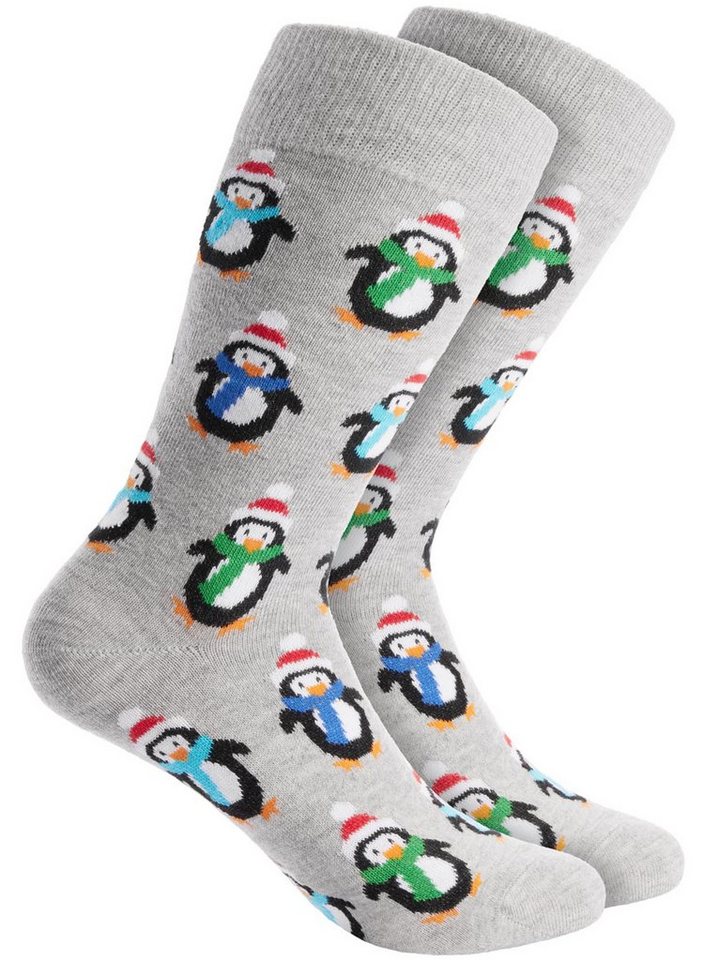 BRUBAKER Socken Weihnachtssocken für Damen und Herren - Pinguine (Lustige Freizeitsocken, 1-Paar, für Weihnachts- und Nikolausgeschenk) Unisex Baumwollsocken Weihnachten - Grau von BRUBAKER