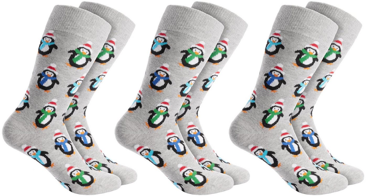 BRUBAKER Socken Weihnachtssocken für Damen und Herren - Pinguine (Lustige Freizeitsocken, 3-Paar, für Weihnachts- und Nikolausgeschenk) Unisex Baumwollsocken Weihnachten - Grau von BRUBAKER