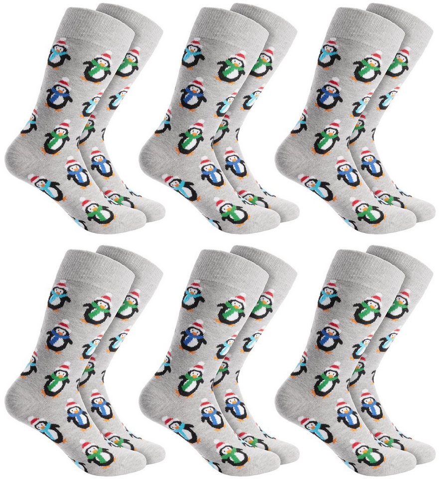 BRUBAKER Socken Weihnachtssocken für Damen und Herren - Pinguine (Lustige Freizeitsocken, 6-Paar, für Weihnachts- und Nikolausgeschenk) Unisex Baumwollsocken Weihnachten - Grau von BRUBAKER