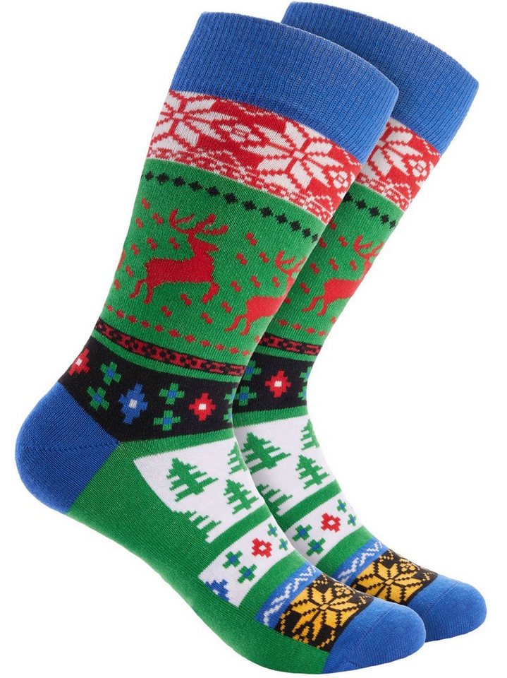 BRUBAKER Socken Weihnachtssocken für Damen und Herren - Weihnachtsmuster Rentiere Grün (Bunt, 1-Paar, Unisex) Lustige Baumwollsocken für Weihnachten und Nikolaus von BRUBAKER