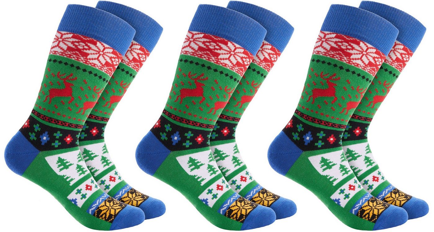 BRUBAKER Socken Weihnachtssocken für Damen und Herren - Weihnachtsmuster Rentiere Grün (Bunt, 3-Paar, Unisex) Lustige Baumwollsocken für Weihnachten und Nikolaus von BRUBAKER