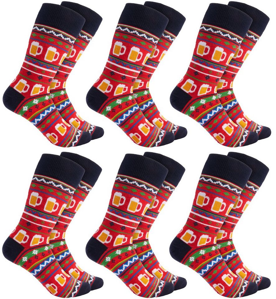 BRUBAKER Socken Weihnachtssocken für Damen und Herren - Weihnachtsmuster mit Bier Rot (Rot, 6-Paar, Xmas-Bier) Lustige Baumwollsocken für Weihnachten und Nikolaus von BRUBAKER