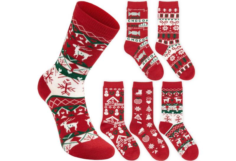 BRUBAKER Socken Weihnachtssocken mit Norweger Muster - Winter Socken aus Baumwolle (Größe 36-41, 5-Paar, Geschenk Set für Frauen & Mädchen) Damen Sockenset für Weihnachten und Nikolaus Rot & Weiß von BRUBAKER