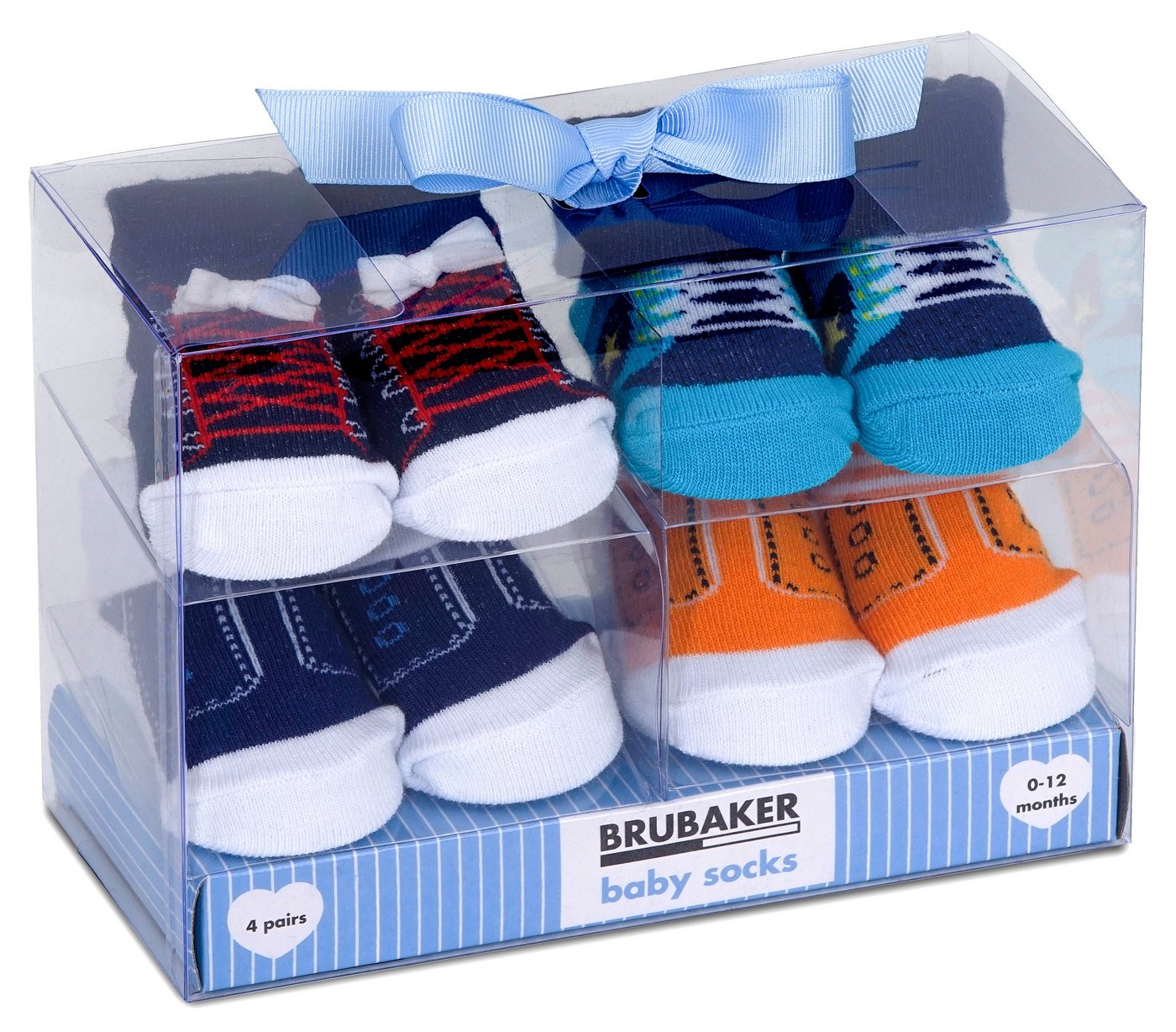 BRUBAKER Strümpfe Babysocken für Jungen und Mädchen 0-12 Monate (4-Paar, Baumwollsocken im Sneaker Style) Turnschuh Design, Baby Geschenkset für Neugeborene in Geschenkverpackung mit Schleife, Schuh Optik von BRUBAKER