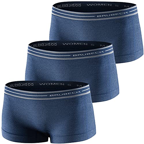 BRUBECK 3er Pack Damen Boxershorts | Atmungsaktiv | Sport | Unterhose | Funktionsunterwäsche | Panty | 37% Merino-Wolle | BX10860, Gr.:S Blaue Jeans von BRUBECK
