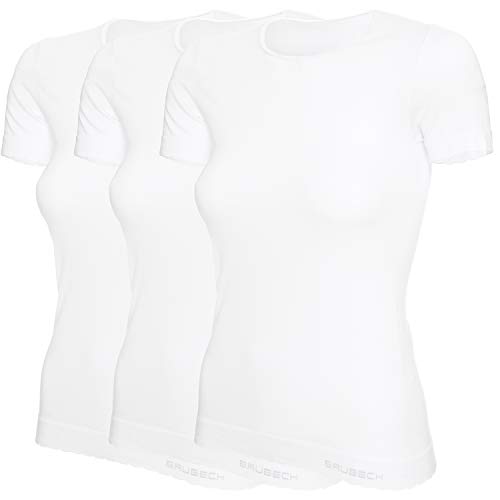 BRUBECK 3er Pack Damen T-Shirt | 55% Baumwolle | Kurzarmshirt | Funktionsshirt | Atmungsaktiv | Geruchshemmend | Schnell trocknend | Fein | SS00970A, Größe:L, Farbe:White von BRUBECK