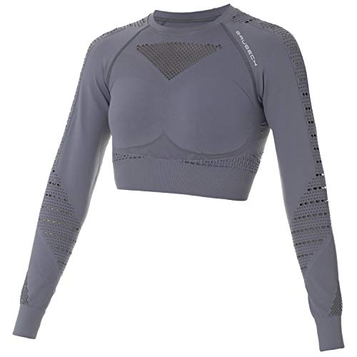 BRUBECK Crop Tanktop Langarm Damen | Womens Long Sleeve Top Workout | Sportoberteil nahtlos atmungsaktiv schnell trocknend grau | Gr. S | LC10020 von BRUBECK