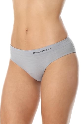 BRUBECK Damen Hipster | Unterhose atmungsaktiv schnell trocknend nahtlos | Schlüpfer für Mädchen Frauen | Slip Alltag | Womens Underwear Seamless 41% Merinowolle | Gr. M, Asche grau | HI10070 von BRUBECK