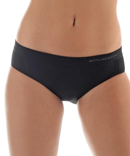 BRUBECK Damen Hipster | Unterhose atmungsaktiv schnell trocknend nahtlos | Schlüpfer für Mädchen Frauen | Slip | Womens Underwear Seamless | Alltag | 41% Merinowolle | Gr. M | Schwarz | HI10070 von BRUBECK