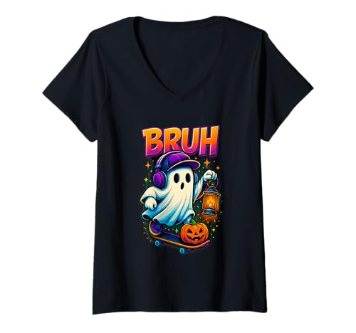 Damen Bruh Geist T-Shirt Lustig Halloween Kürbis Geschenk T-Shirt mit V-Ausschnitt von BRUH Lustiges Geist Halloween Party Outfit