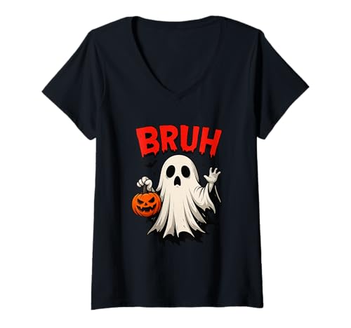 Damen Bruh Geist T-Shirt Lustig Halloween Kürbis Geschenk T-Shirt mit V-Ausschnitt von BRUH Lustiges Geist Halloween Party Outfit