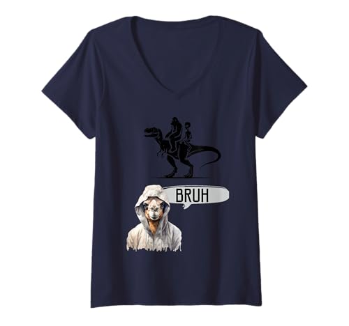 Damen Bigfoot & Alien Reiten T-Rex, Camel SAGT Bruh T-Shirt mit V-Ausschnitt Damen Bigfoot & Alien Reiten T-Rex, Camel SAGT Bruh T-Shirt mit V-Ausschnitt von BRUH Meme Studio