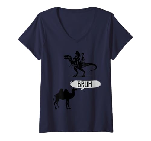 Damen Bigfoot & Alien Reiten T-Rex, Camel SAGT Bruh T-Shirt mit V-Ausschnitt Damen Bigfoot & Alien Reiten T-Rex, Camel SAGT Bruh T-Shirt mit V-Ausschnitt von BRUH Meme Studio