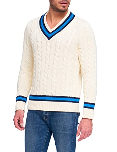 BRUNELLA GORI Pullover mit V-Ausschnitt und Langen Ärmeln – für Herren, 100% Bio-Baumwolle, Creme und Hellblau, M von BRUNELLA GORI
