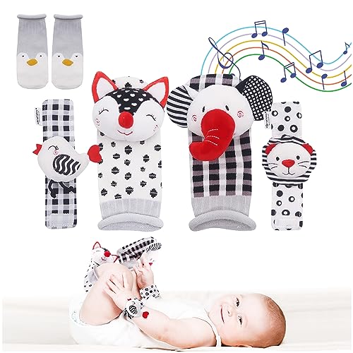 BRUNOKO Baby Spielzeug Socken Set 3in1 - Baby Handgelenk Rasseln Spielzeug + Fuß Rasseln Spielzeug + Baby niedliche Tiersocken alles 3in1 Set - Baby Socken Set für 0-12 Monate von BRUNOKO