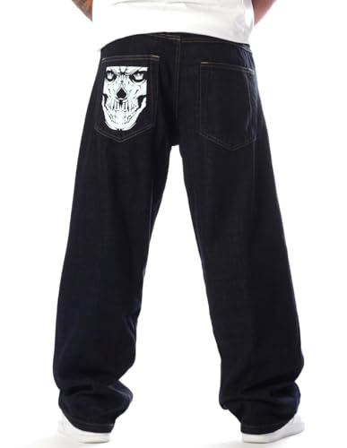 BSAT Indigo Skull Grafik Denim Hose - Y2k Baggy Jeans Für Herren Und Jungen - 100% Baumwolle, Bequeme Y2k Hose - Jeans Herren Baggy - Baggy Hose Herren - 40W / 32L BSAT Indigo Skull Grafik Denim Hose - Y2k Baggy Jeans Für Herren Und Jungen - 100% Baumwolle, Bequeme Y2k Hose - Jeans Herren Baggy - Baggy Hose Herren - 40W / 32L von BSAT
